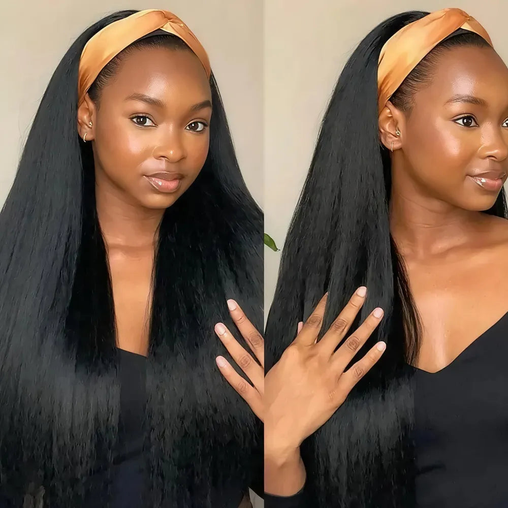 Two angles of a model wearing a Mimicing kinky straight headband wig with a gold satin headband, featuring beginner-friendly virgin hair in a wear and go style.