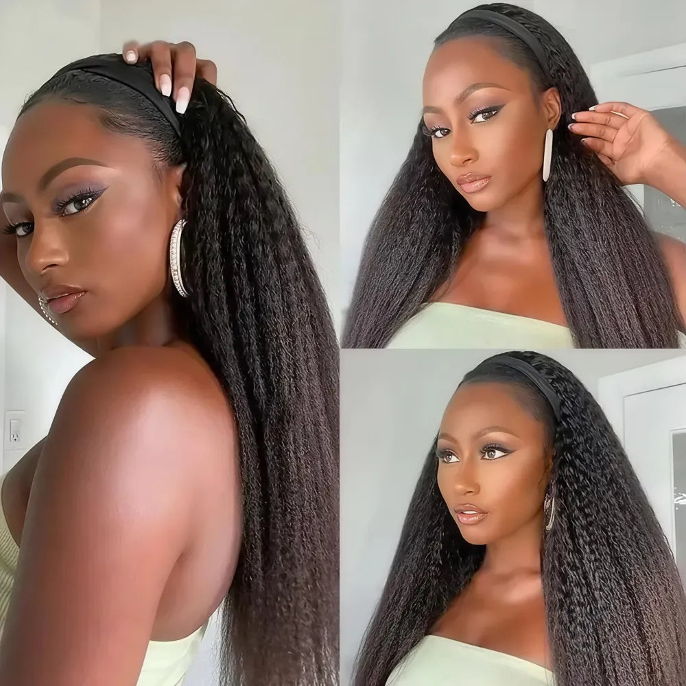 Collage of a model wearing a Mimicing kinky straight headband wig in multiple angles, showing the natural look of beginner-friendly wear and go virgin hair.