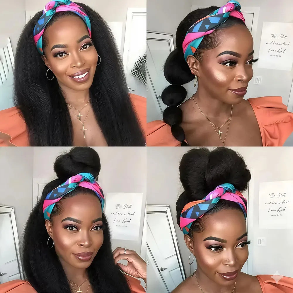 Collage of four hairstyles using a Mimicing kinky straight headband wig with a colorful scarf, including a bubble ponytail and high bun, made from beginner-friendly wear and go virgin hair.