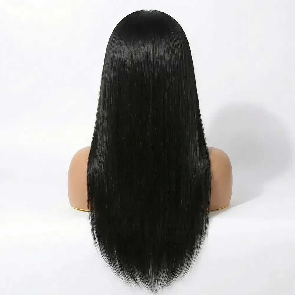 Back view of the Mimicing long silky straight black headband glueless wig, showcasing the sleek texture and natural volume of the premium virgin hair.