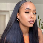 Mimicing long silky straight black headband glueless wig made from premium virgin hair, offering a sleek and natural look for an easy, beginner-friendly hairstyle.