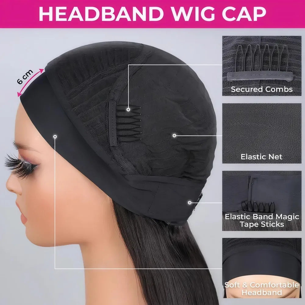 Detailed features of the Mimicing headband wig cap: 6cm soft comfortable headband, secured combs, breathable elastic net, and magic tape for a secure glueless fit.