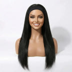 Front view of the Mimicing long silky straight black headband glueless wig on a mannequin, showcasing a sleek and natural look made from premium virgin hair.