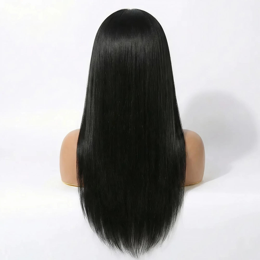 Back view of the Mimicing long straight black headband glueless wig, showcasing the sleek texture and natural volume of the premium virgin hair.