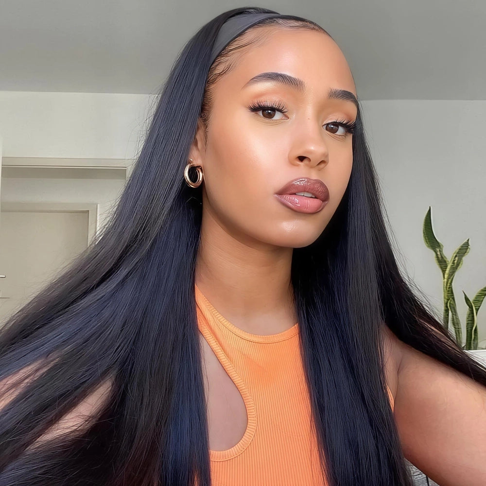 Mimicing long straight black headband glueless wig made from premium virgin hair, showcasing a sleek and natural look for an easy, beginner-friendly hairstyle.