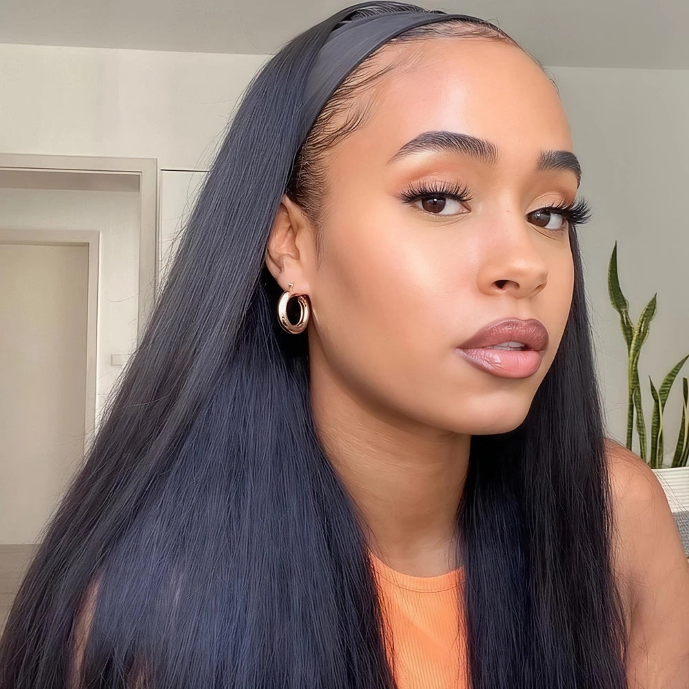 Mimicing long straight black headband glueless wig made from premium virgin hair, offering a sleek and natural look for an easy, beginner-friendly hairstyle.