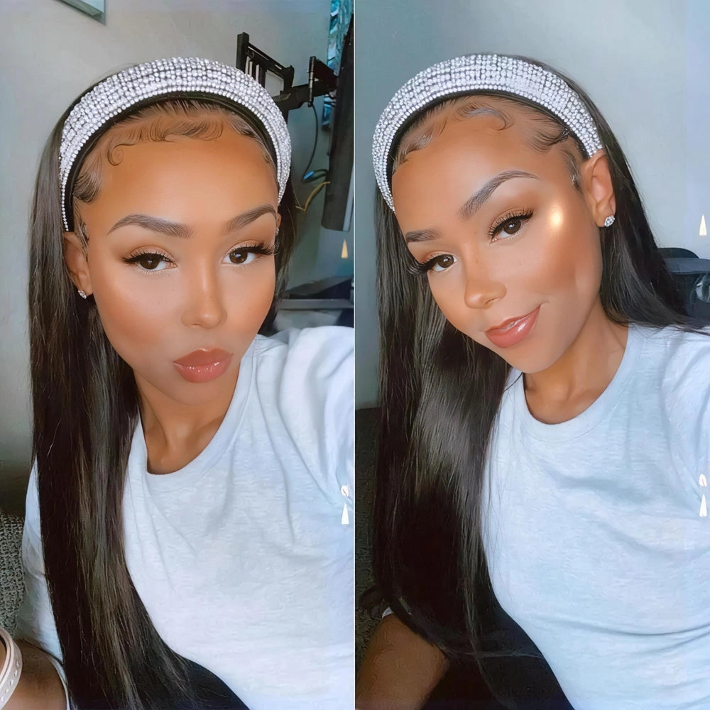 Side-by-side view of the Mimicing straight headband glueless wig styled with a decorative rhinestone headband, highlighting a sleek and glamorous look with laid edges.