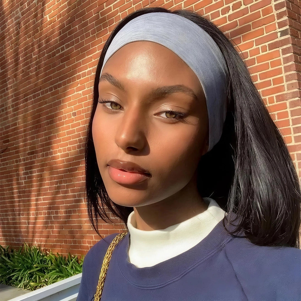 Mimicing straight headband glueless wig made from high-quality virgin hair, offering a sleek and natural beginner-friendly look.
