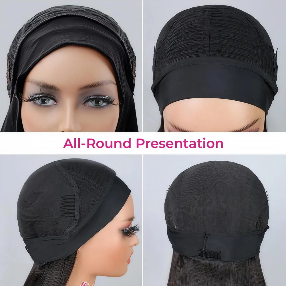 All-round presentation of the Mimicing straight headband glueless wig cap from multiple angles, showcasing the secure construction and comfortable black headband design.