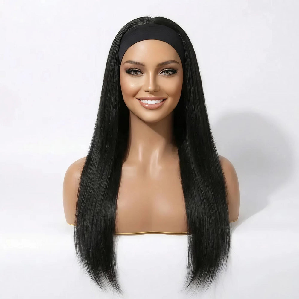 Front view of the Mimicing long straight black headband glueless wig on a mannequin, showcasing a sleek and natural look made from premium virgin hair.