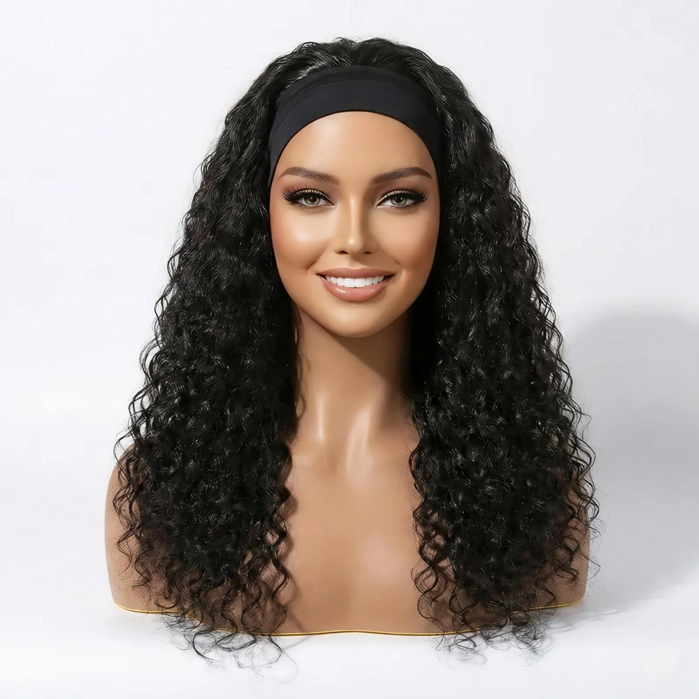 Front view of the Mimicing long Water Wave headband glueless wig on a mannequin, showcasing a voluminous and natural curly look made from premium virgin hair.