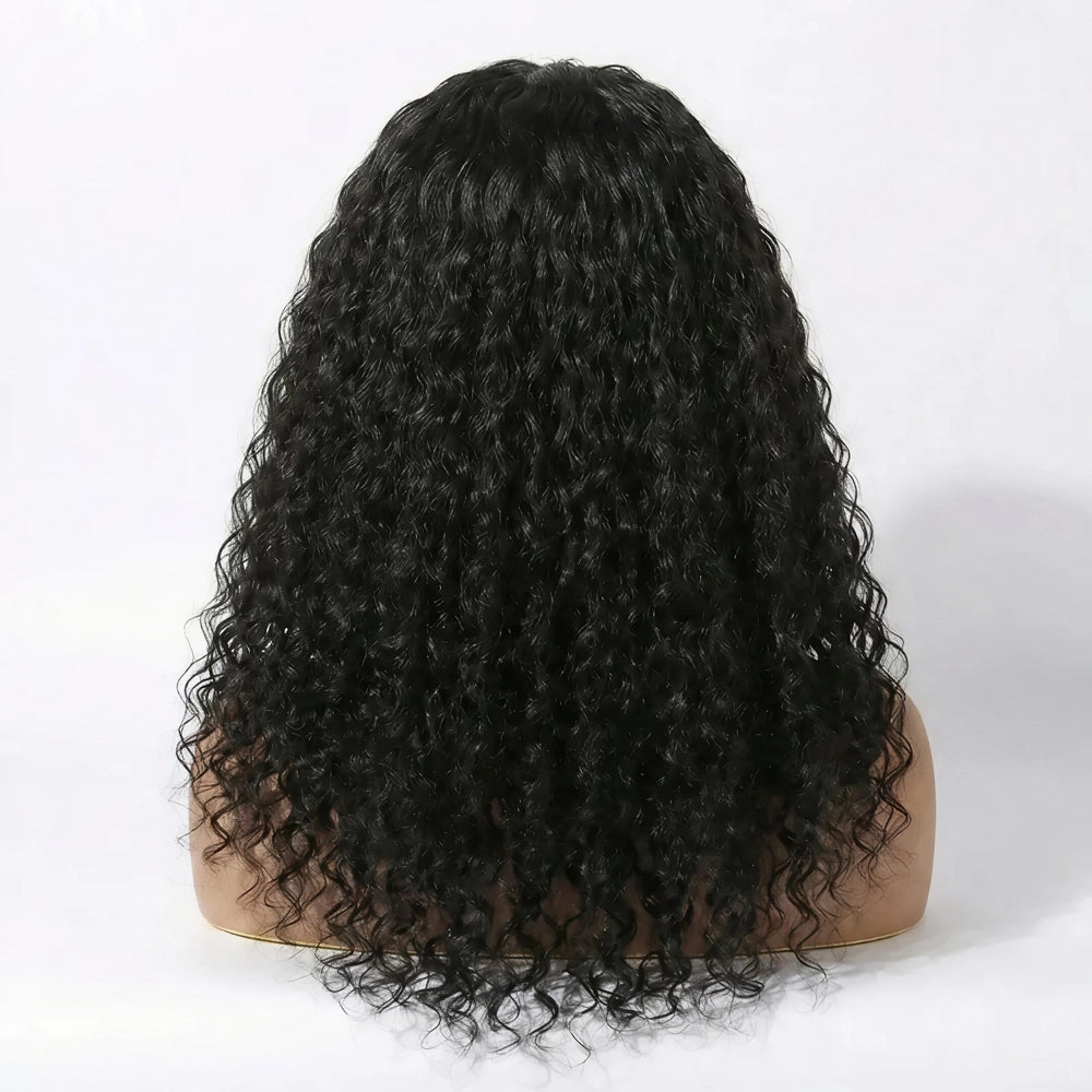 Back view of the Mimicing Water Wave headband glueless wig, showcasing the voluminous, defined curly texture and natural flow of the premium virgin hair.