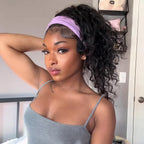 Mimicing Water Wave headband glueless wig made from premium virgin hair, styled in a voluminous high ponytail with a purple headband for a versatile and natural look.