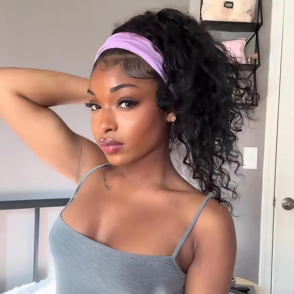 Mimicing Water Wave headband glueless wig made from premium virgin hair, styled in a voluminous high ponytail with a purple headband for a versatile and natural look