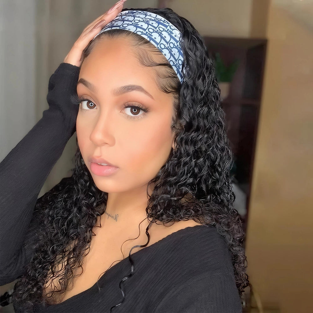 Mimicing long Water Wave headband glueless wig made from premium virgin hair, styled with a blue and white patterned headband for a natural, voluminous curly look.