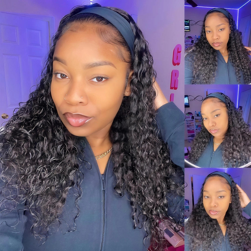 Multi-angle collage of the Mimicing Water Wave headband glueless wig, showcasing a voluminous curly style for a natural and easy beginner-friendly look.