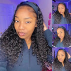 Multi-angle collage of the Mimicing Water Wave headband glueless wig, showcasing a voluminous curly style for a natural and easy beginner-friendly look.