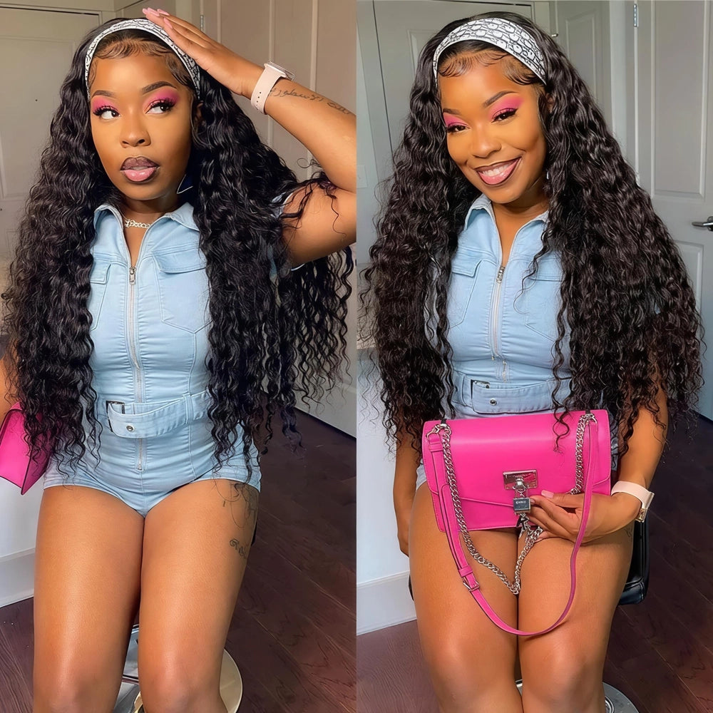 Side-by-side styling collage of the Mimicing Water Wave headband glueless wig, showcasing a voluminous curly look with a patterned headband and a trendy denim outfit.