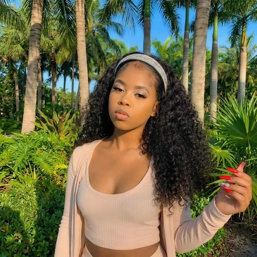 Mimicing long Water Wave headband glueless wig made from premium virgin hair, showcasing a voluminous and natural curly look in a tropical setting.