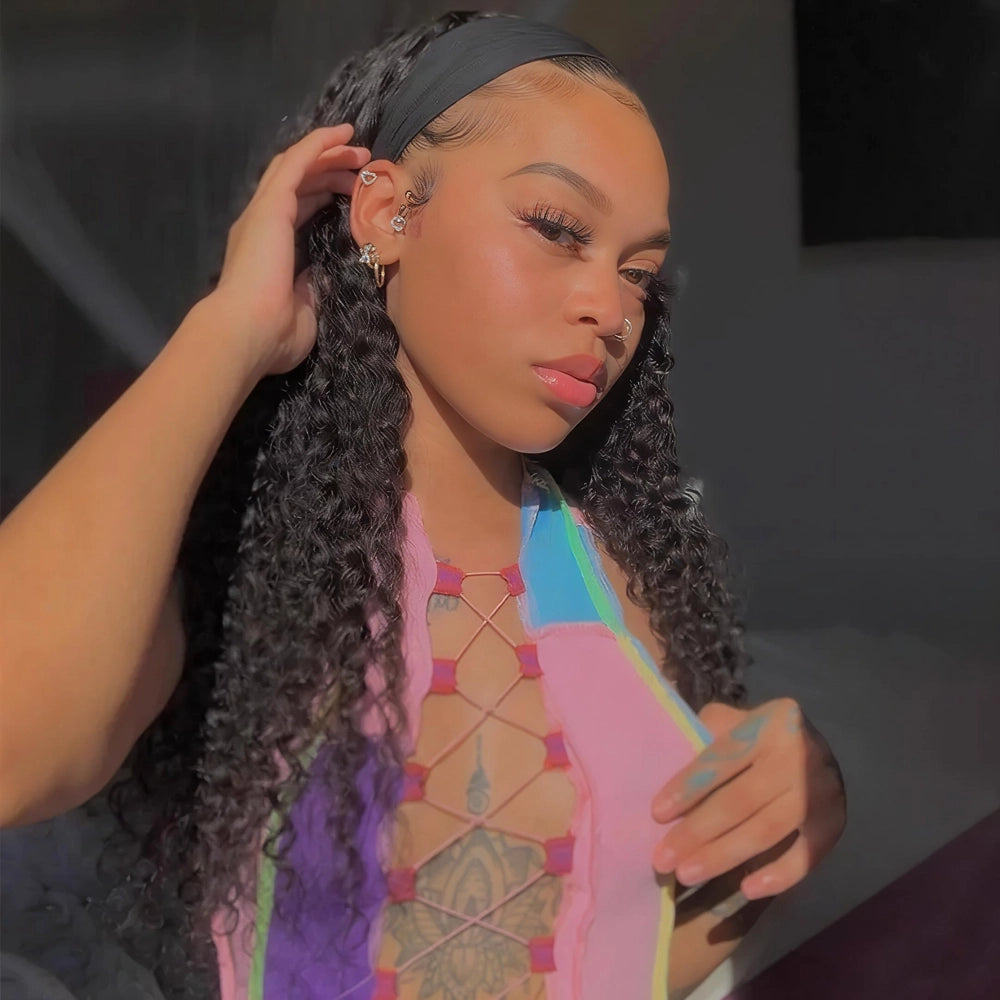 Mimicing Water Wave headband glueless wig made from premium virgin hair, featuring a voluminous and natural curly look for an easy, beginner-friendly hairstyle.