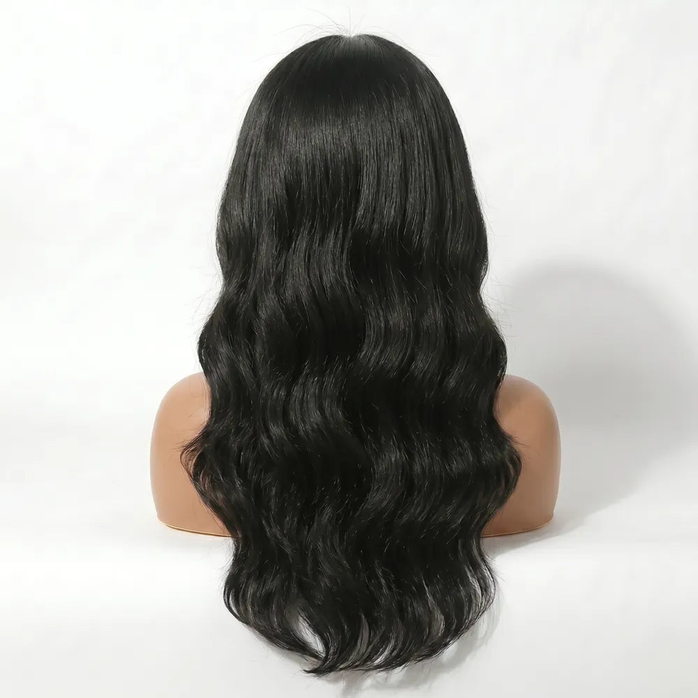 Back view of a black wavy wig on a mannequin head against a white background, showcasing a Mimicing human hair body wave 9x6 skin lace glueless wig.