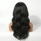 Back view of a black wavy wig on a mannequin head against a white background, showcasing a Mimicing human hair body wave 9x6 skin lace glueless wig.