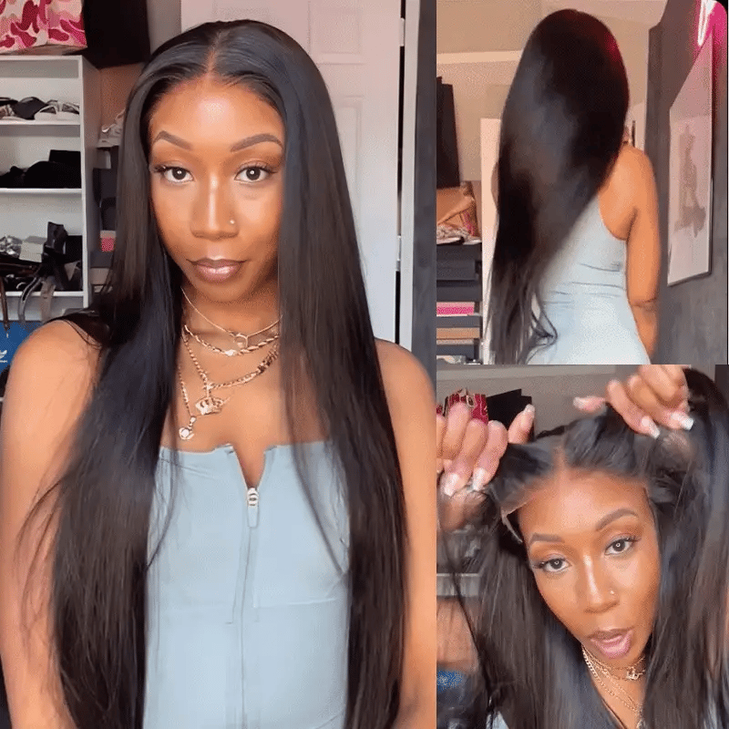 3-frame styling collage of the Mimicing long silky straight human hair glueless wig, showcasing a front view, back view, and a close-up demonstrating the natural undetectable skin lace.