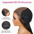 Technical diagram of the Mimicing glueless wig with an Upgraded 3D Fit Structure, featuring a Lay-Flat fit with no visible edges and an Anti-Slip Silicone Band for a secure, stay-pure fit.
