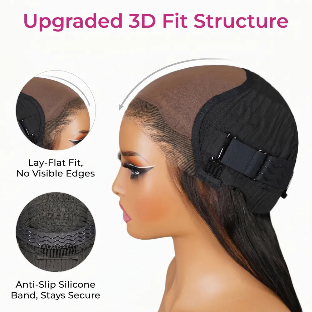 Technical diagram of the Mimicing glueless wig with an Upgraded 3D Fit Structure, featuring a Lay-Flat fit with no visible edges and an Anti-Slip Silicone Band for a secure, stay-pure fit.