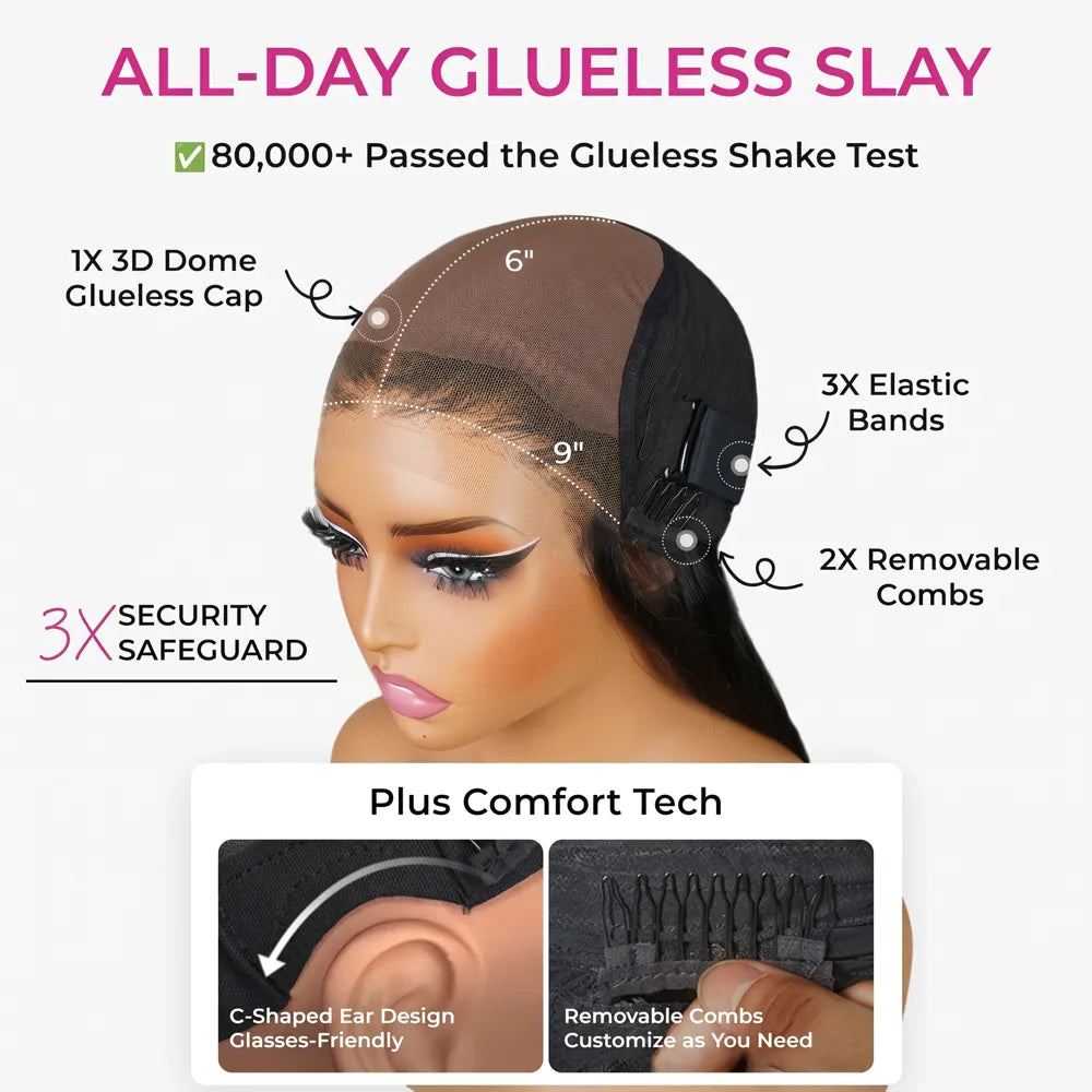 Technical diagram of the Mimicing glueless wig cap featuring a 3D Dome cap, 3 elastic bands, and removable combs for a secure 3X Security Safeguard and All-Day Glueless Slay.