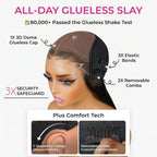 Technical diagram of the Mimicing glueless wig cap featuring a 3D Dome cap, 3 elastic bands, and removable combs for a secure 3X Security Safeguard and All-Day Glueless Slay.
