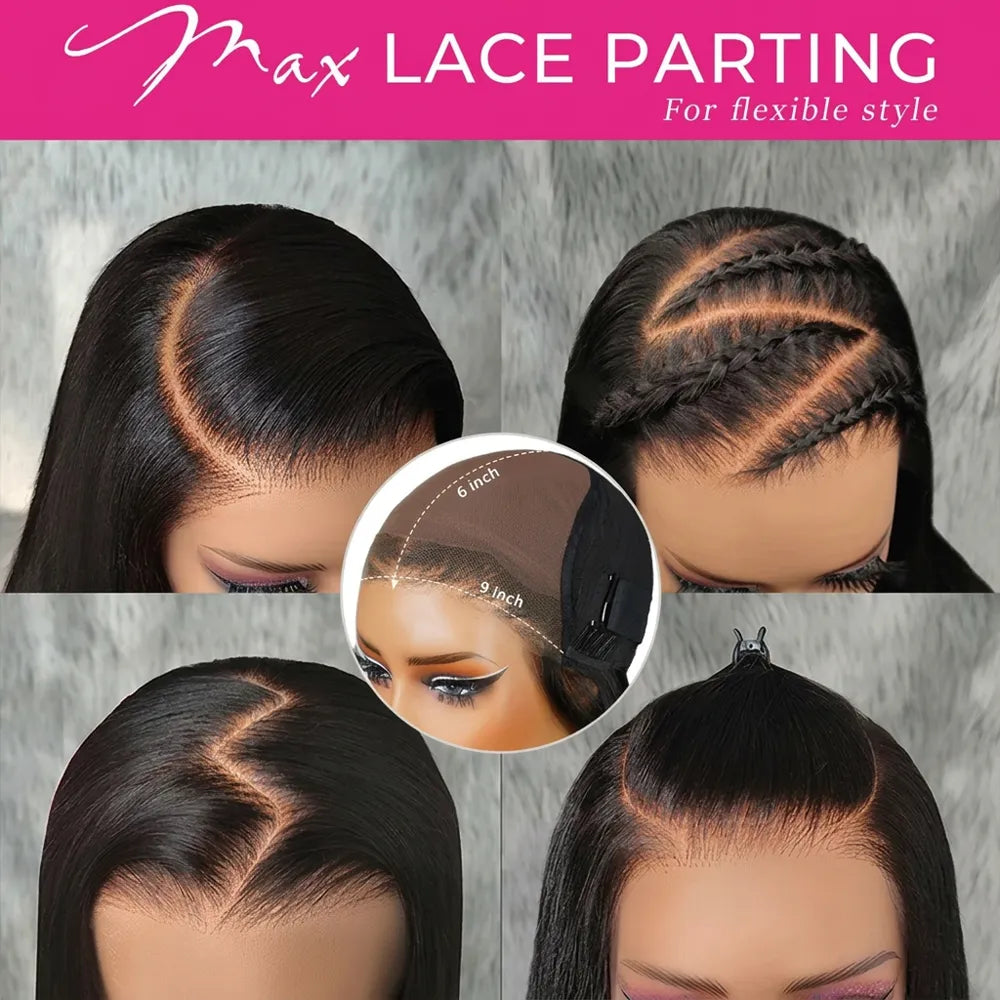 Collage showcasing the Max Lace Parting of the Mimicing glueless wig, featuring various hairstyles with natural-looking zigzag and curved parts for a flexible, seamless style.