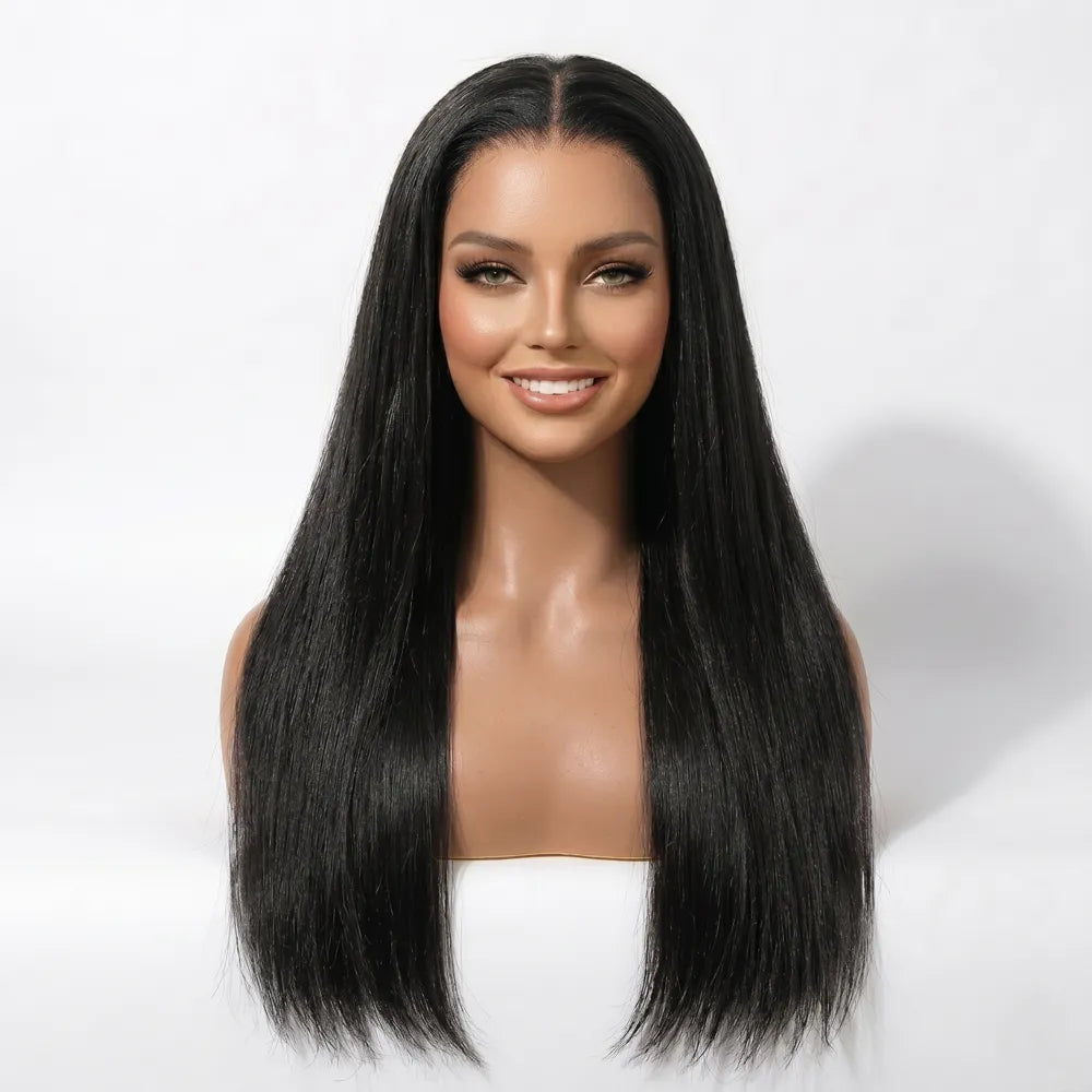 Front view of the Mimicing long silky straight glueless human hair wig on a mannequin, showcasing a natural-looking hairline and sleek finish with the undetectable skin lace.