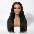Front view of the Mimicing long silky straight glueless human hair wig on a mannequin, showcasing a natural-looking hairline and sleek finish with the undetectable skin lace.