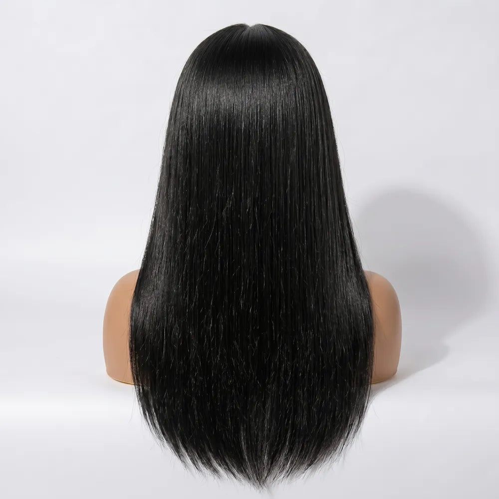 Back view of the Mimicing long silky straight glueless human hair wig on a mannequin, showcasing the full volume, sleek texture, and natural flow of the hair.