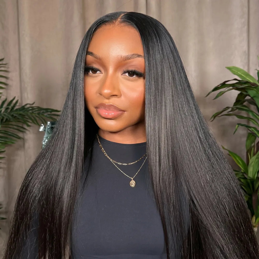 Mimicing long silky straight glueless human hair wig with a HD skin lace for a natural seamless hairline and voluminous look.