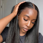 Model adjusting a Mimicing silky straight glueless human hair wig to showcase the undetectable skin lace and natural seamless hairline.