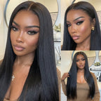 3-frame styling collage of the Mimicing long silky straight glueless human hair wig, showcasing a sleek look with an undetectable natural hairline and seamless blend.