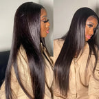 Side-by-side view of the Mimicing long silky straight glueless human hair wig, showcasing the natural undetectable hairline and sleek texture from different angles.