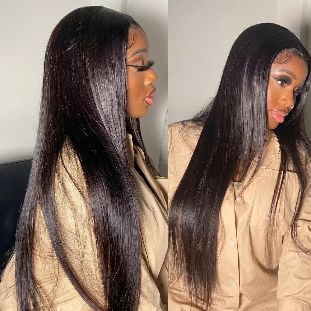 Side-by-side view of the Mimicing long silky straight glueless human hair wig, showcasing the natural undetectable hairline and sleek texture from different angles.