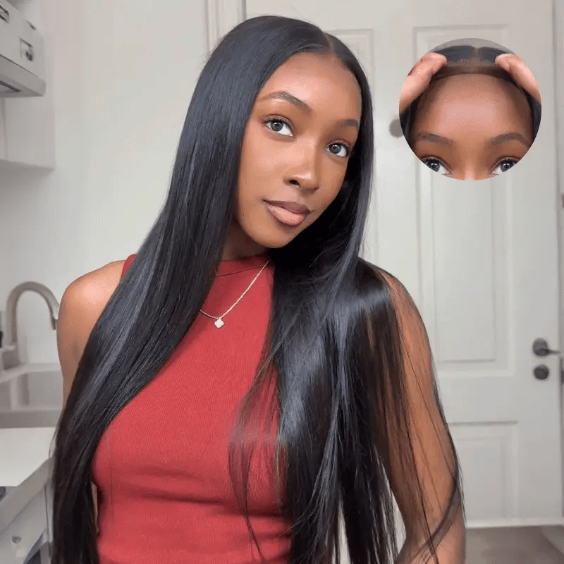 Mimicing long silky straight glueless human hair wig featuring a close-up inset of the undetectable skin lace for a natural seamless blend.   