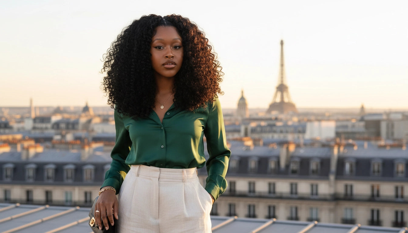 Elegant lifestyle portrait of a woman with voluminous, natural kinky curly hair standing on a Parisian rooftop at sunset with the Eiffel Tower in the background, representing the Mimicing brand vision.