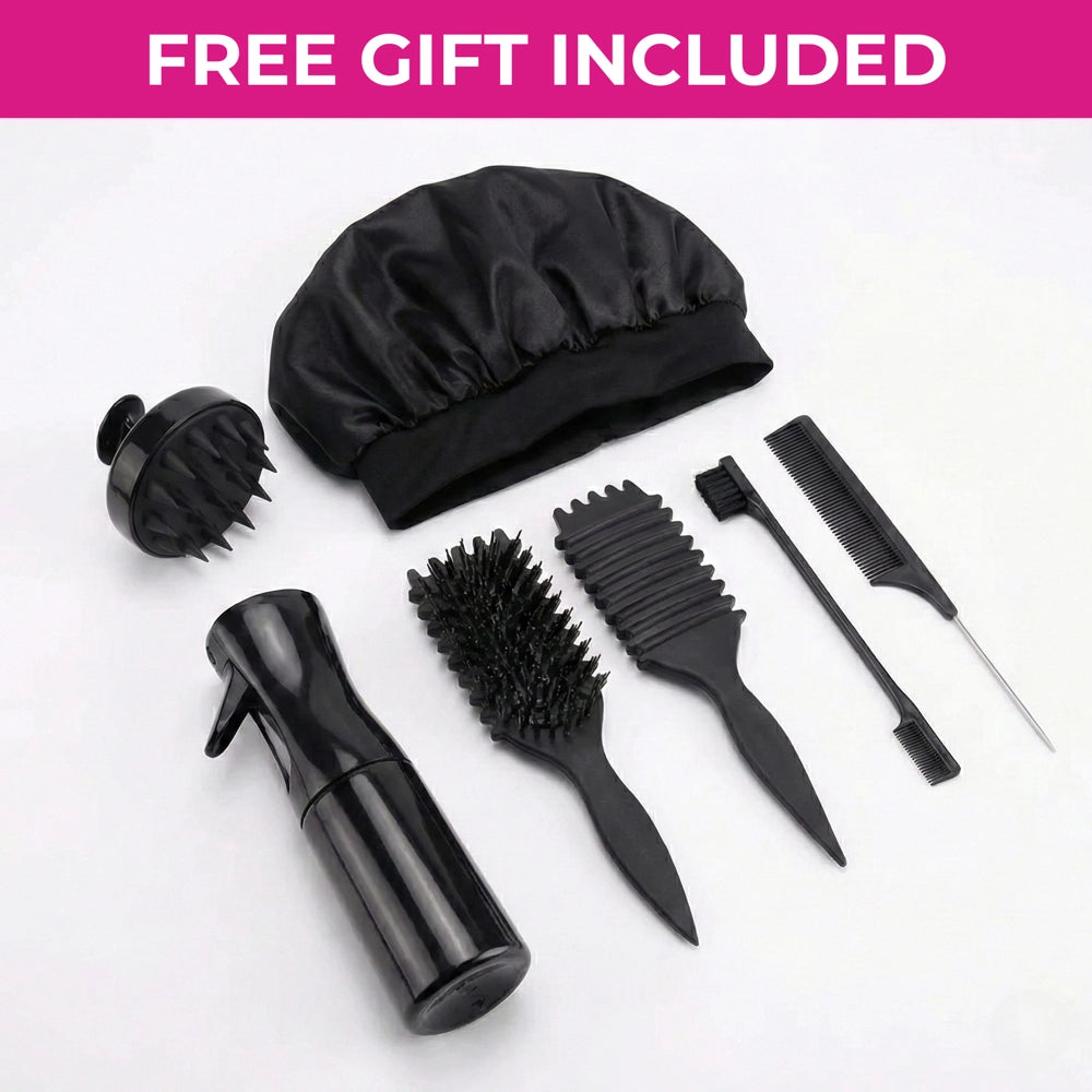 Mimicing Signature Satin Style Kit, a free gift including a satin bonnet, spray bottle, scalp massager, and various styling brushes for professional wig care and maintenance.