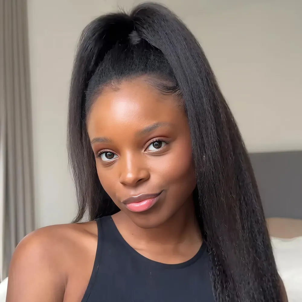 Video demonstration showing how to style a Mimicing kinky straight headband wig into a high half-up ponytail for a natural look.