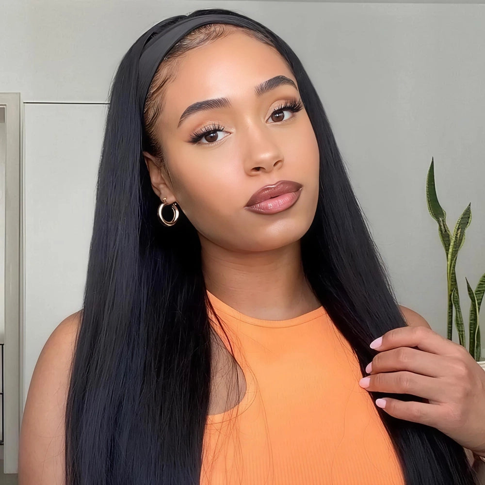 Styling tutorial for the Mimicing Straight Headband Wig, featuring glueless virgin hair for a sleek and natural beginner-friendly look.