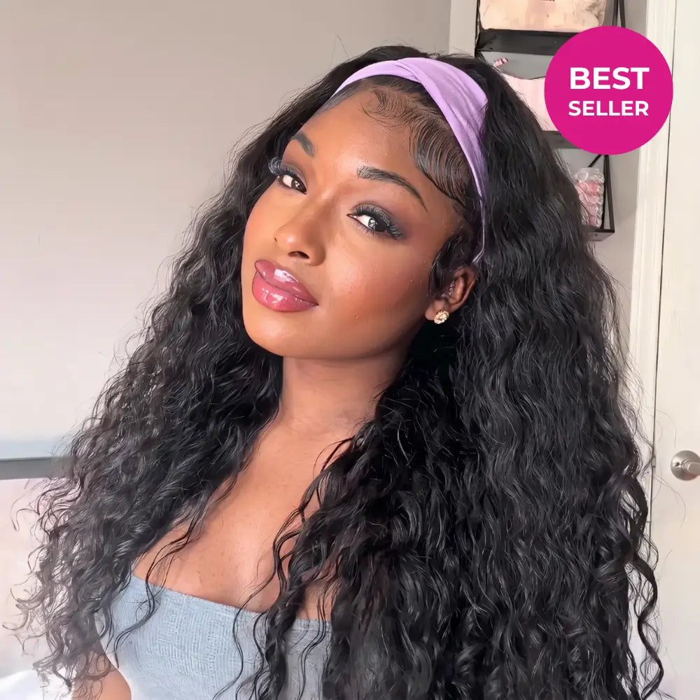 Styling tutorial for the Mimicing Water Wave headband wig, a beginner-friendly glueless virgin hair piece for a quick and natural look.