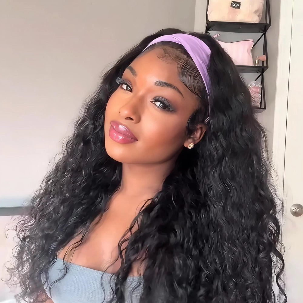 Styling tutorial for the Mimicing Water Wave headband wig, a beginner-friendly glueless virgin hair piece for a quick and natural look.