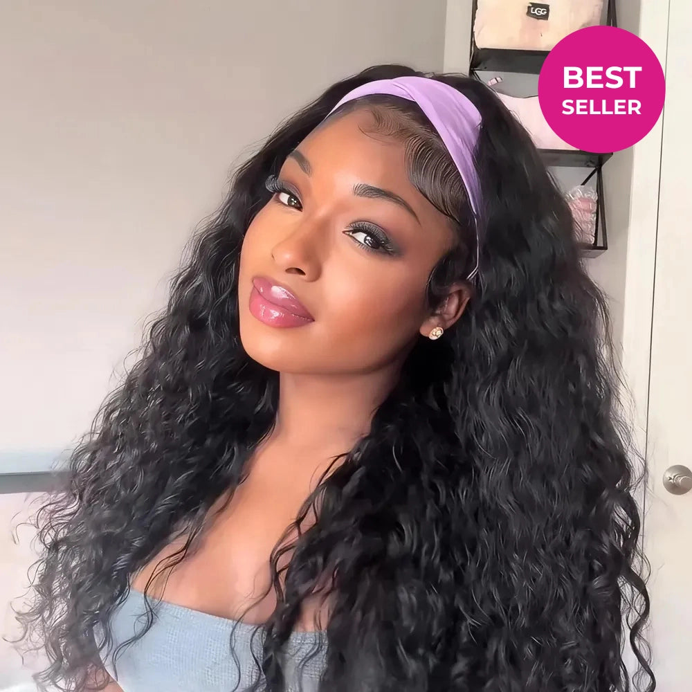 Styling tutorial for the Mimicing Water Wave headband wig, a beginner-friendly glueless virgin hair piece for a quick and natural look.