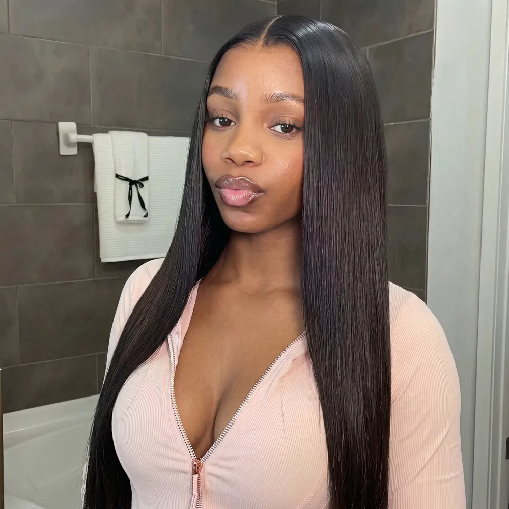 Styling tutorial for the Mimicing silky straight glueless human hair wig, featuring an undetectable skin lace for a natural wear-and-go look with a seamless blend.