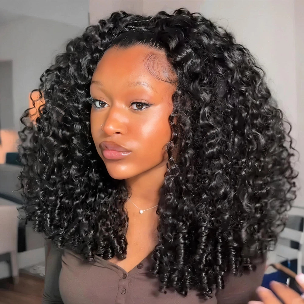 Mimicing Burmese curly glueless virgin hair half wig worn by a model, showcasing voluminous and natural defined curls in a room setting.